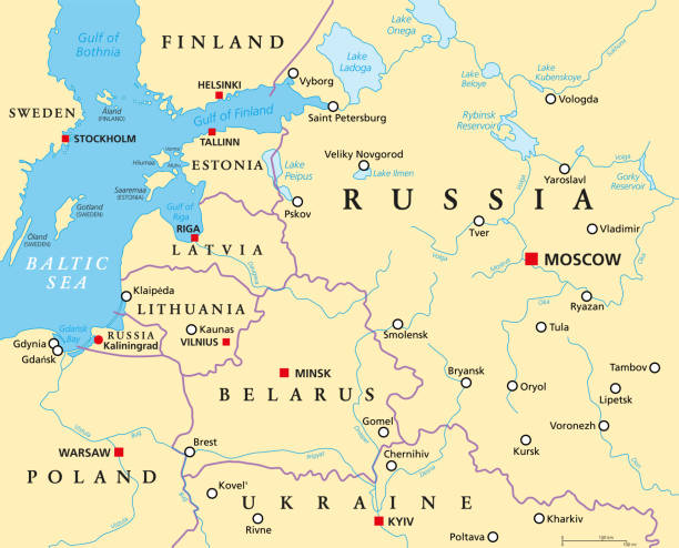 Baltic States and Kaliningrad, political map. From Finland to Estonia, Latvia and Lithuania, to Poland, and from the Russian exclave Kaliningrad Oblast, to Belarus, and to the European Part of Russia.