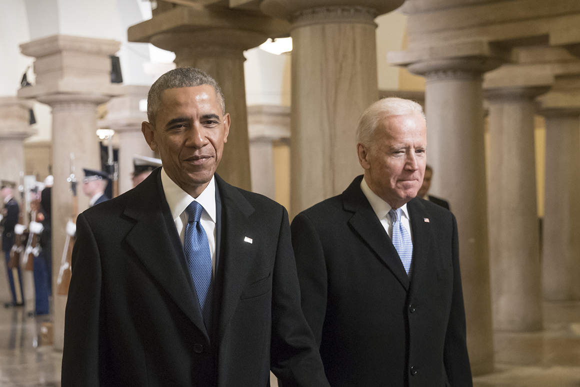 WASHINGTON, DC - JANUARY 20: President Barack Obama and Vice President Joe Biden walk through the Crypt of the Capitol for Donald Trump's inauguration ceremony, in Washington, January 20, 2017. (Photo by J. Scott Applewhite - Pool/Getty Images)