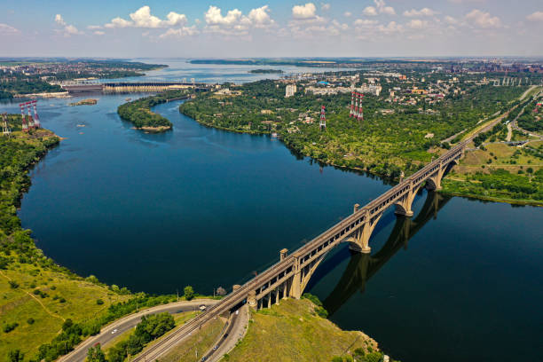 The old bridge connecting the island of Khortitsa with the city of Zaporozhye